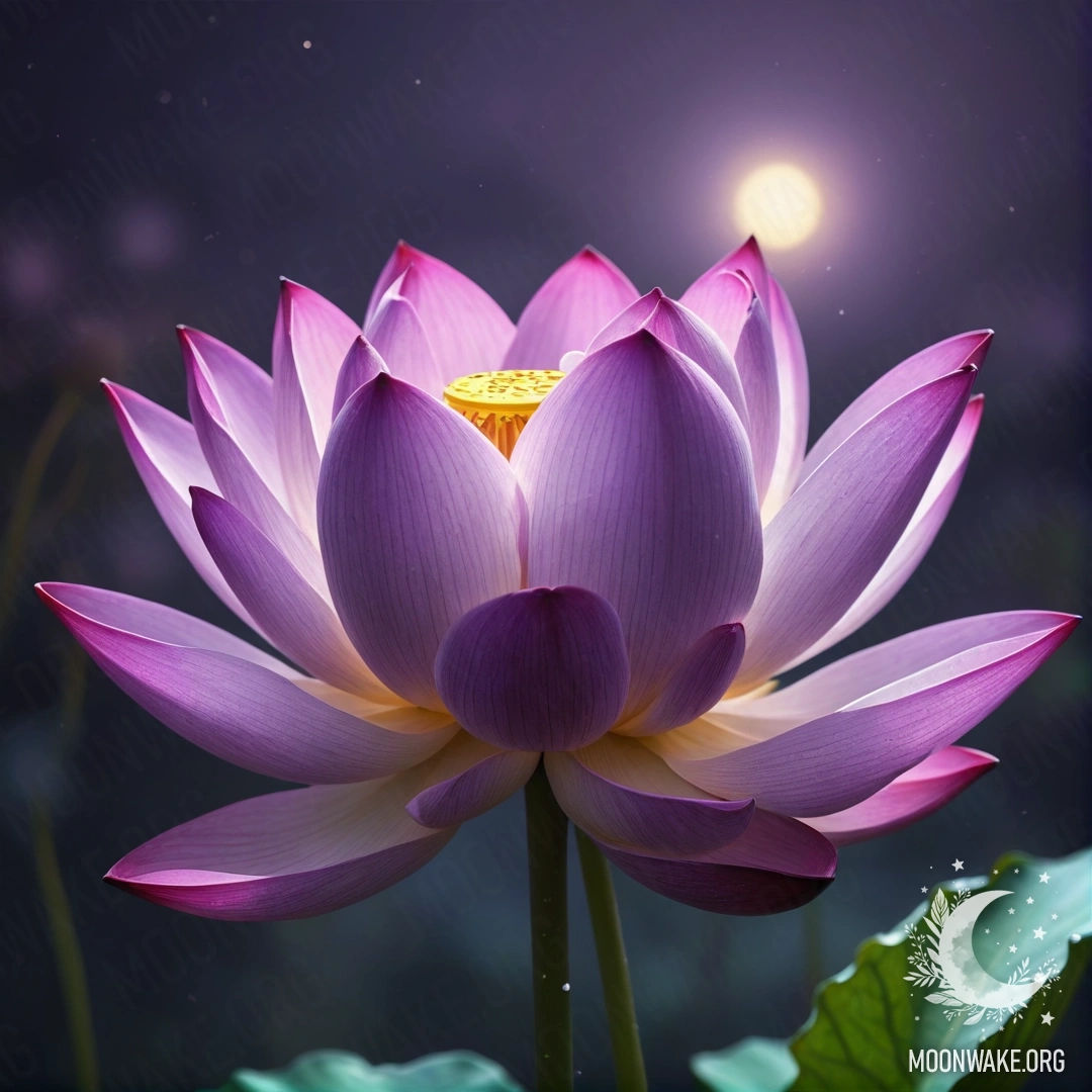 A serene digital painting of a purple lotus bouquet in mist at night.