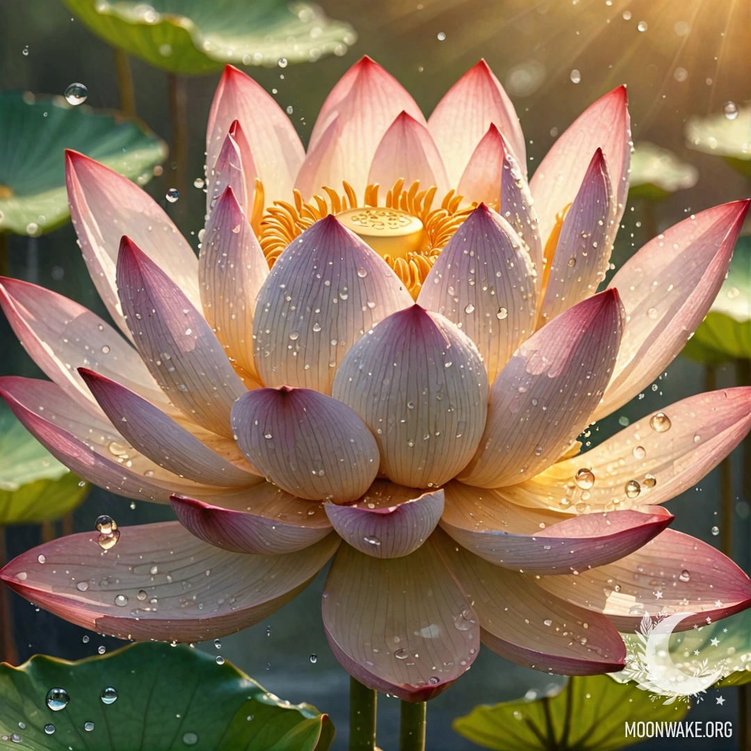 A romantic lotus adorned with dew drops, glowing in golden sunlight.