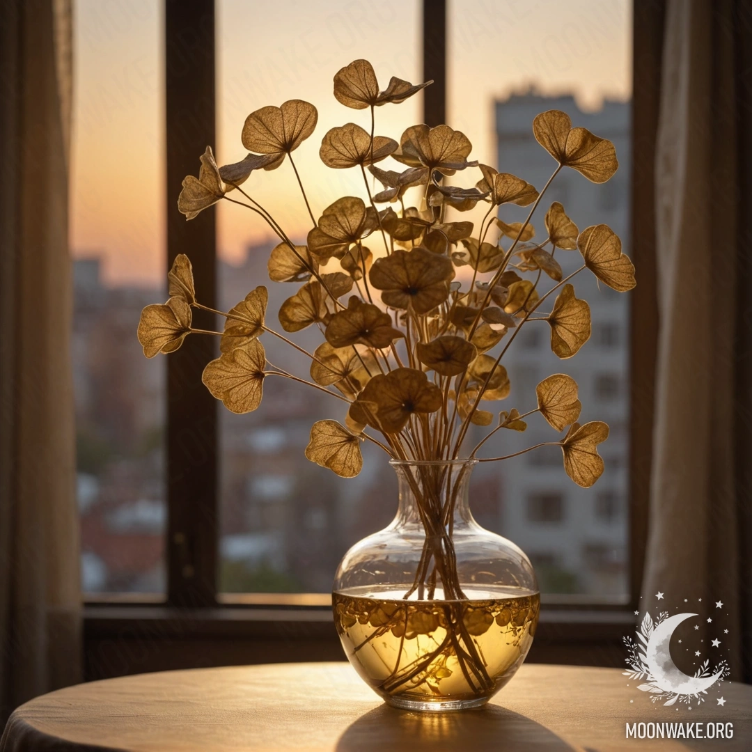 A golden lunaria in a vase illuminated by the warm light of sunset.