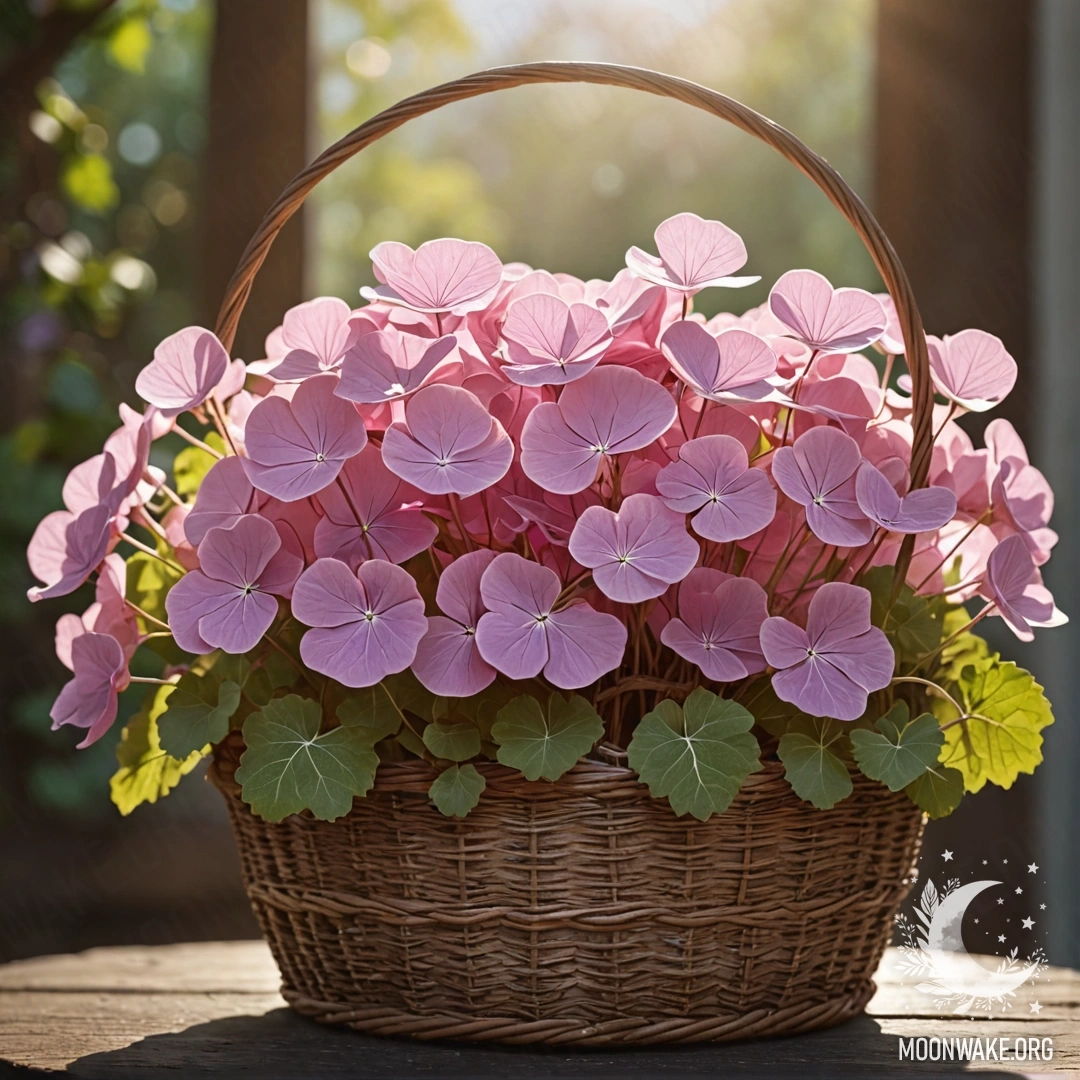 A digital painting of pink lunaria in a basket illuminated by sunlight.