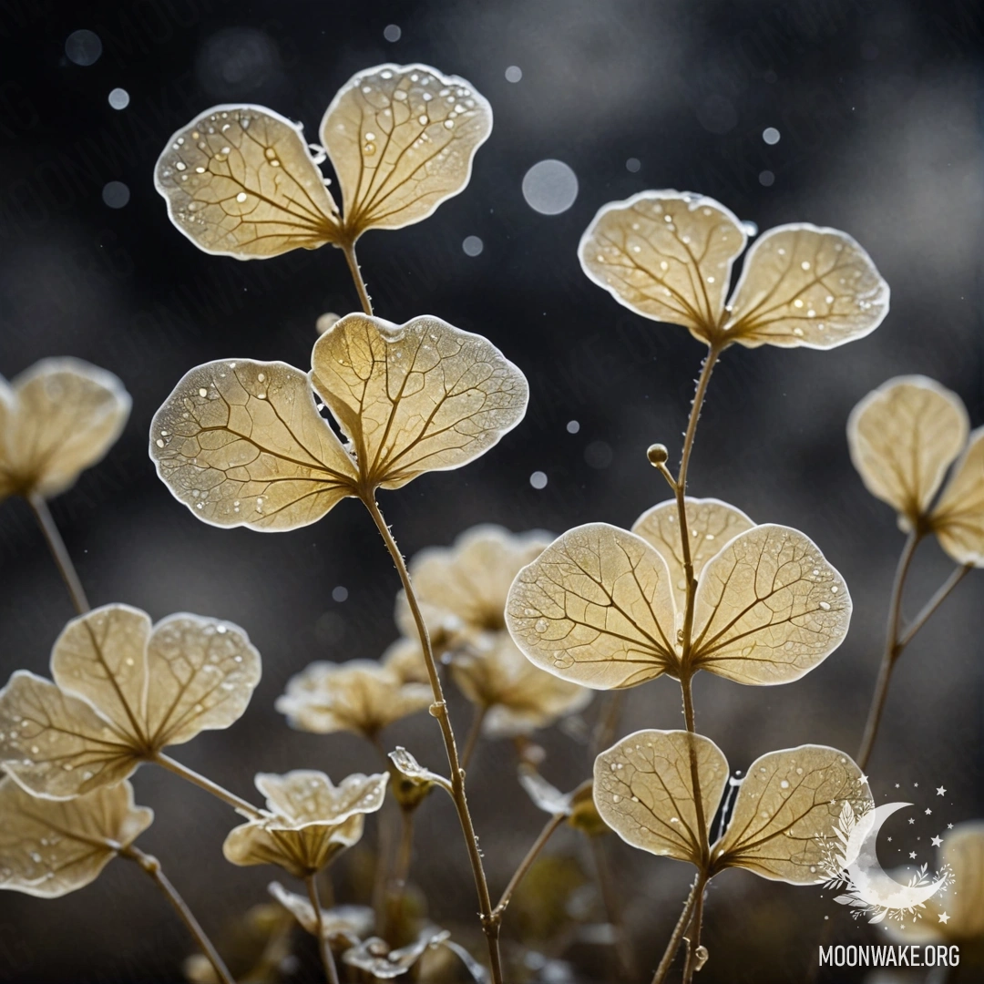 Romantic Lunaria in Foggy Night A delicate lunaria plant shrouded in fog at night with glimmering hints of cream yellow.