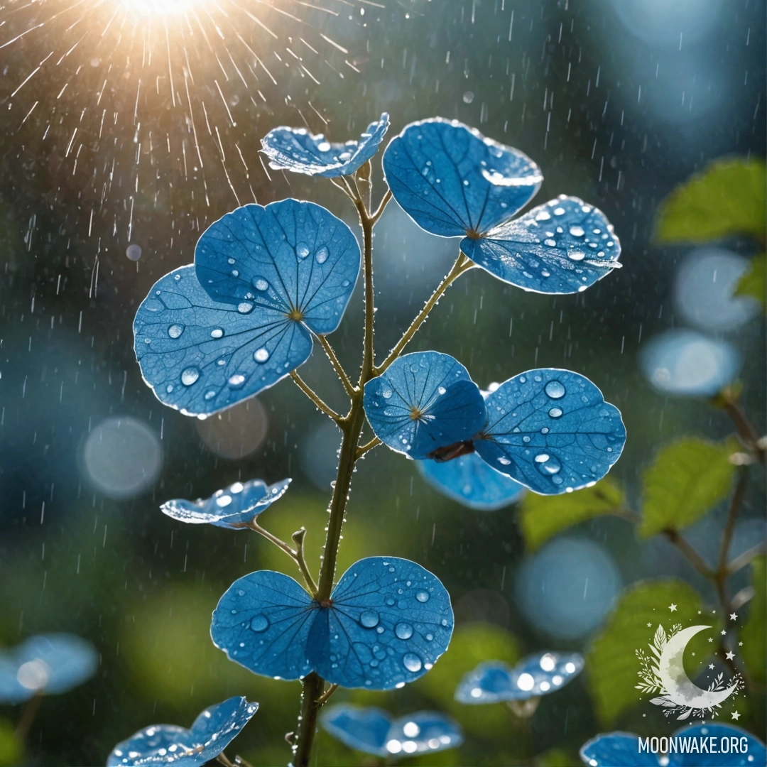 A close-up of delicate lunaria plants illuminated by sunny rays against a rainy backdrop.