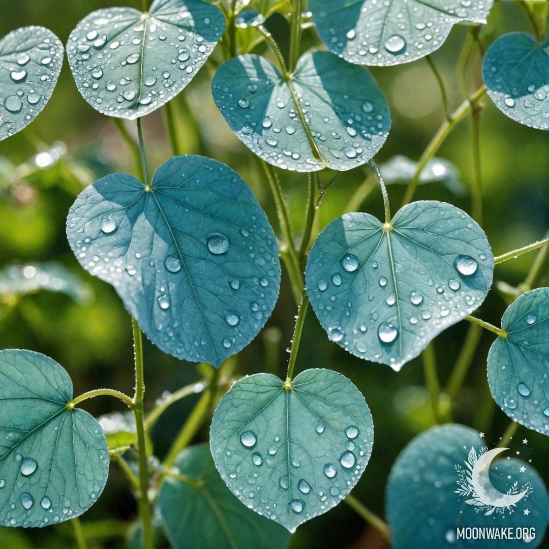 Romantic Lunaria with Dew Drops A watercolor painting of lunaria plants with dew drops illuminated by sunlight.
