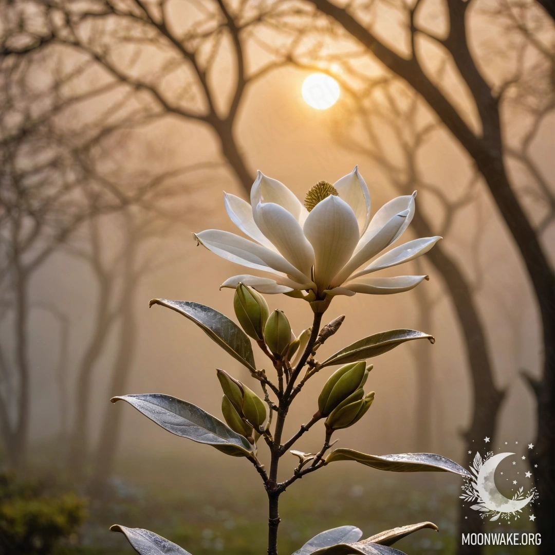 Romantic Magnolia in the Fog at Sunset A romantic magnolia tree enveloped in fog during sunset, with olive hues and a touch of glitter.