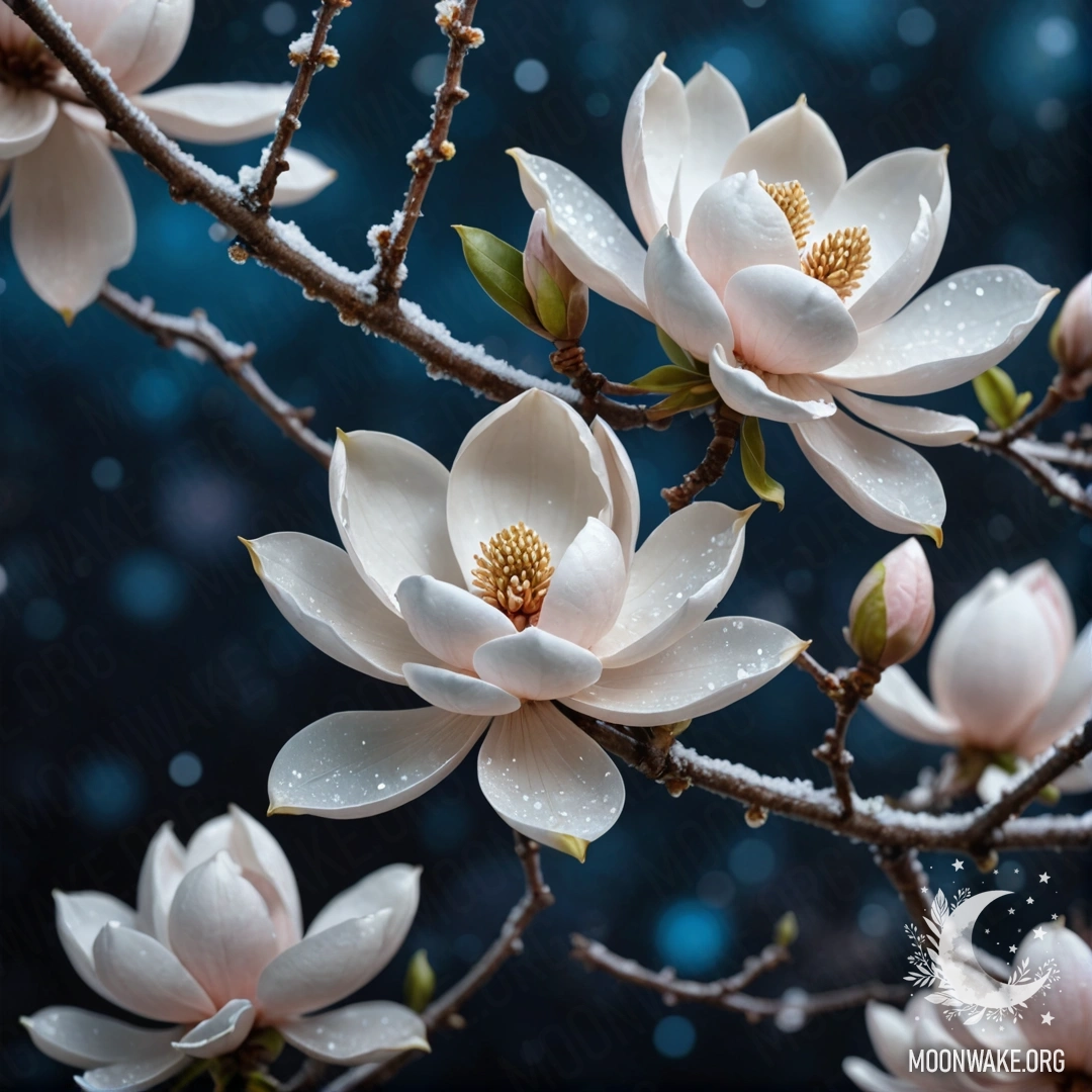 Romantic Magnolia in Frost at Night A romantic magnolia flower surrounded by frost at night, with a shimmering sea wave color.