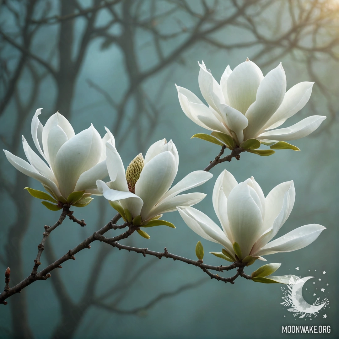 A romantic magnolia tree surrounded by fog, displaying greenish-blue hues.