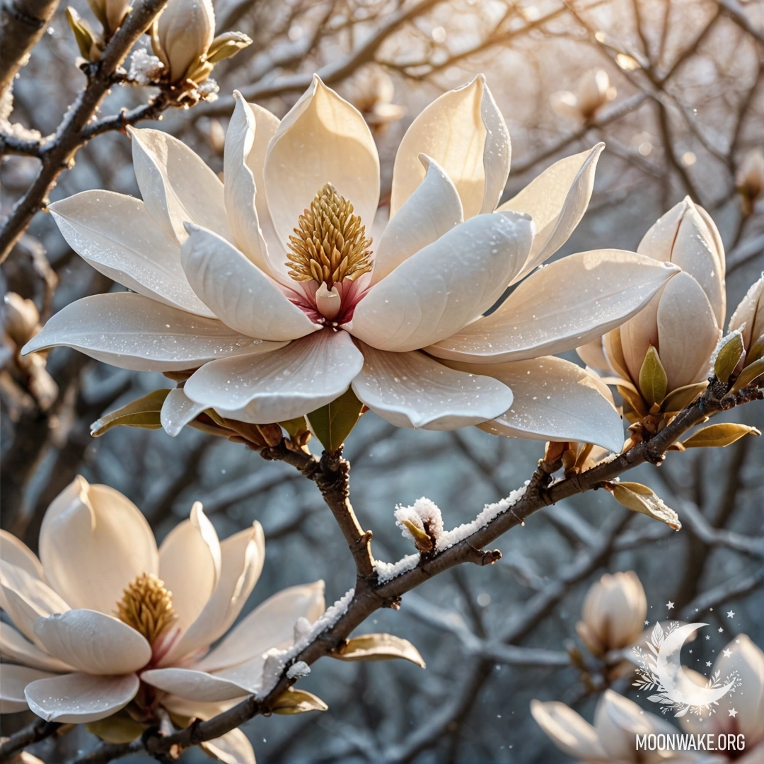 A frosted magnolia flower adorned with golden rhinestones.