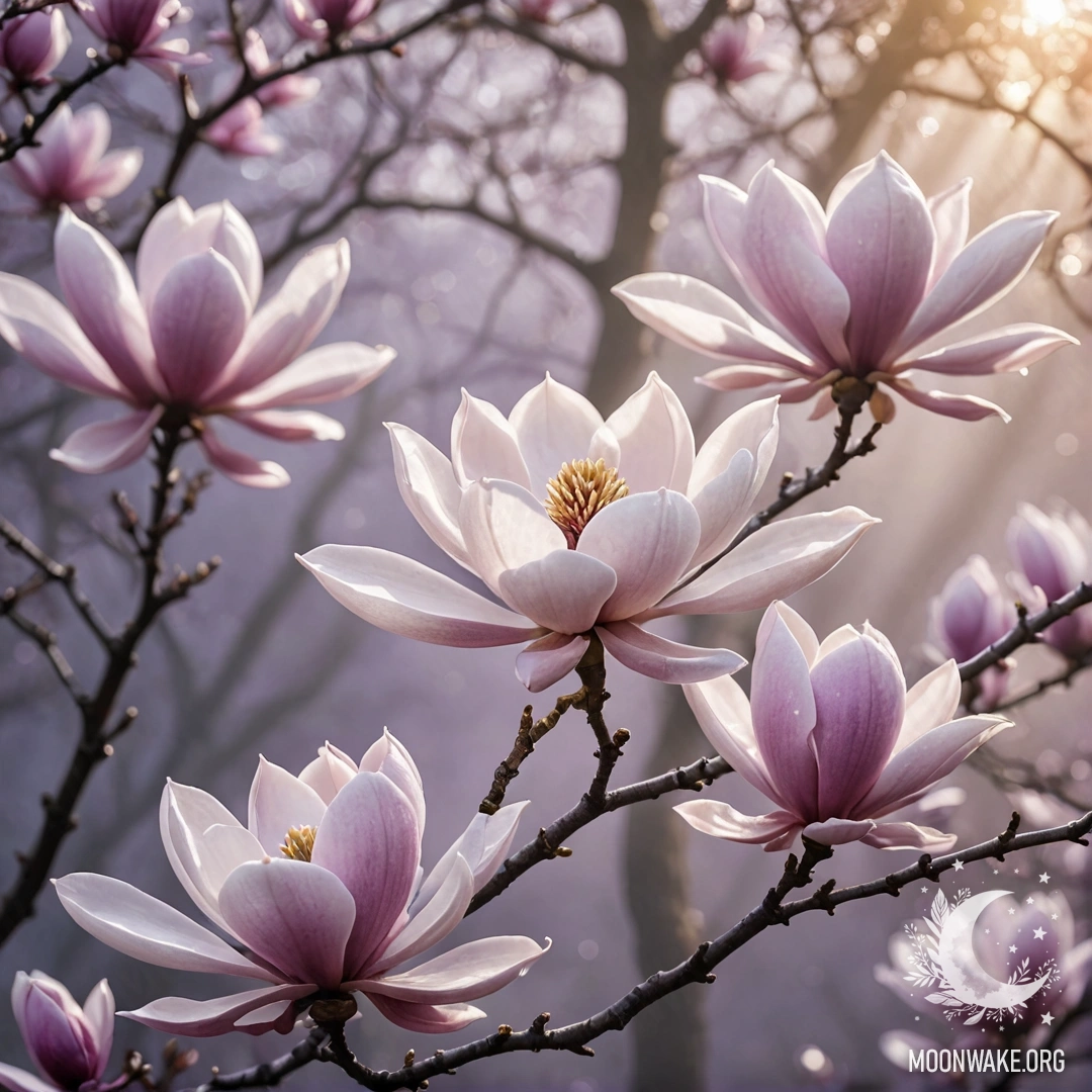 A romantic magnolia flower surrounded by lavender fog and sunlight.
