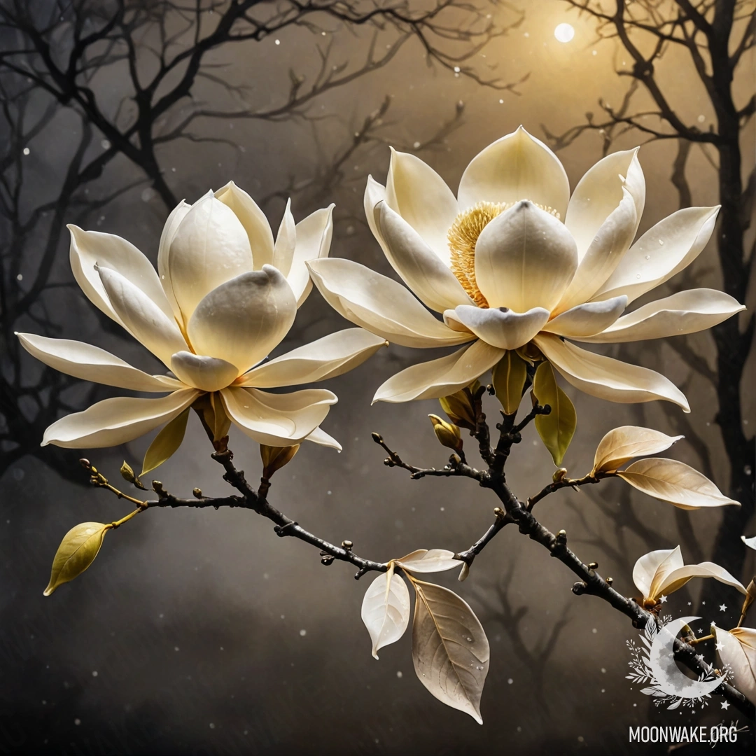 A romantic magnolia flower bathed in mist at night, adorned with yellow rhinestones.