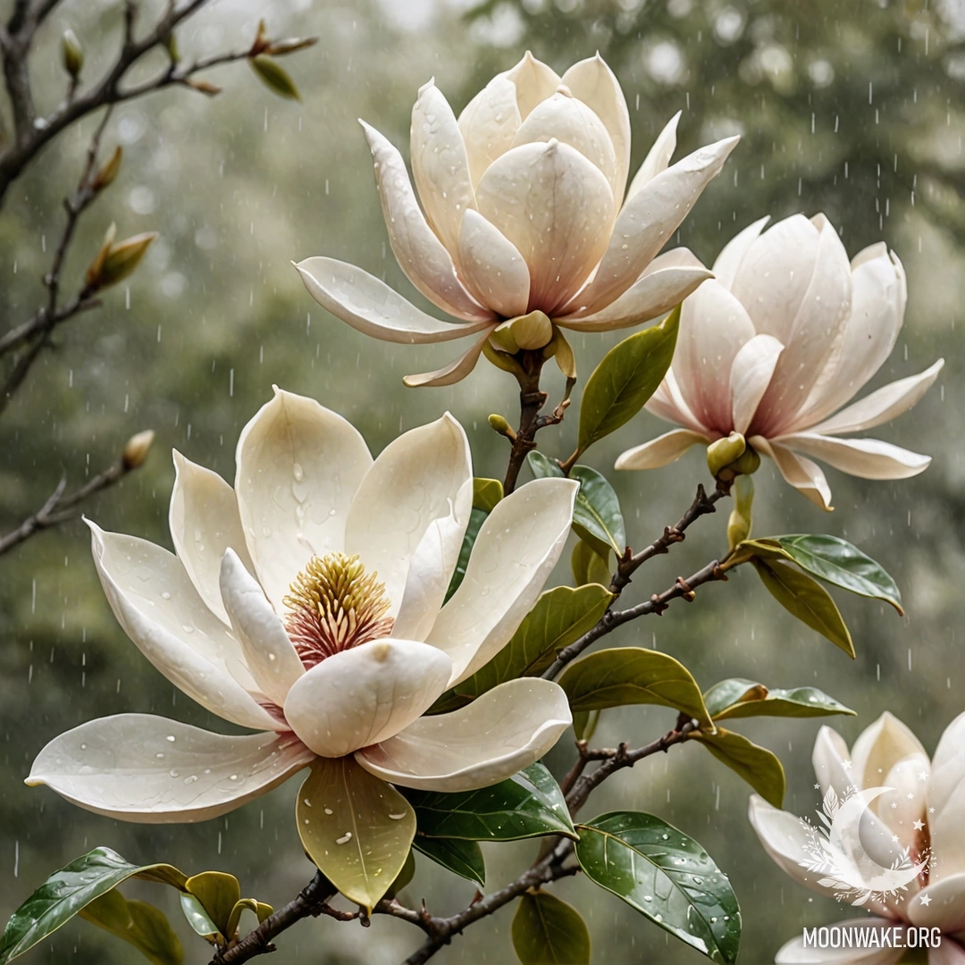 A romantic view of a magnolia tree in misty rain patterns, olive colors.