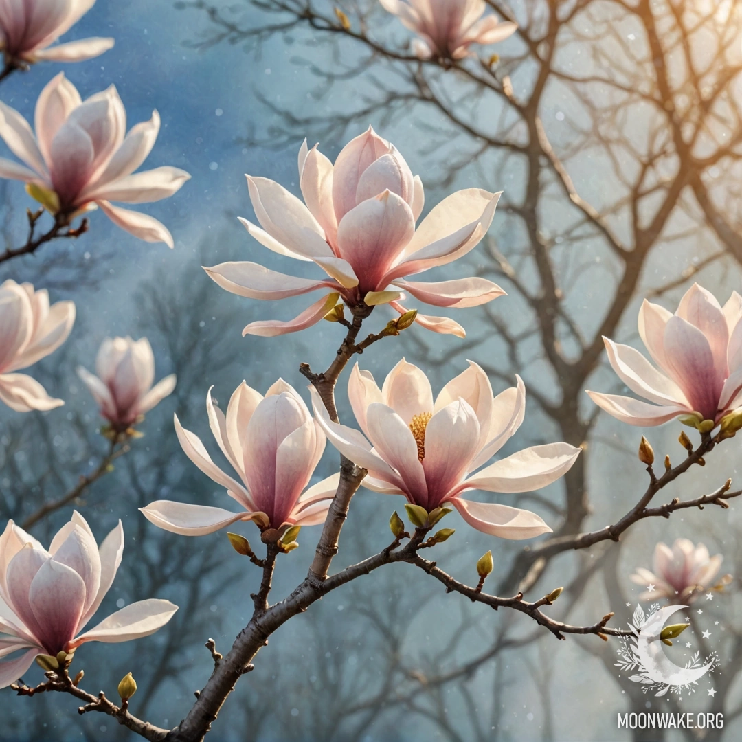 A romantic magnolia flower emerges from a foggy background, illuminated by gentle rays of sunlight.