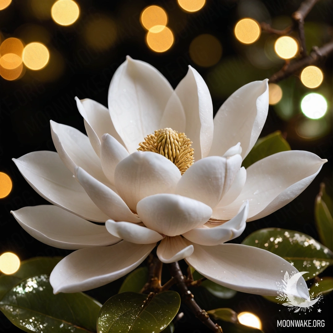 A romantic magnolia blooming at night surrounded by olive-colored sequins.
