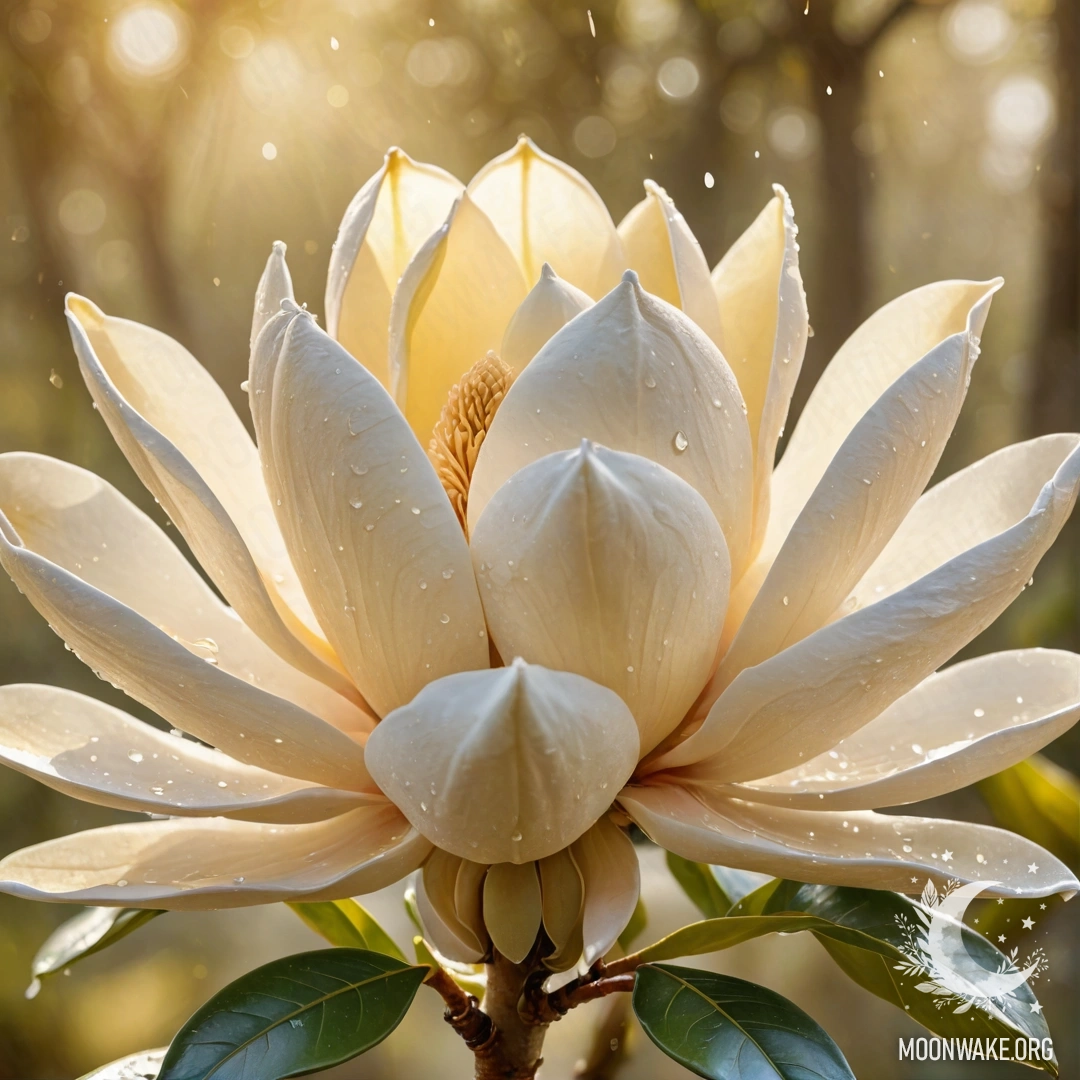 A delicate magnolia flower with dew drops, basking in sunshine.
