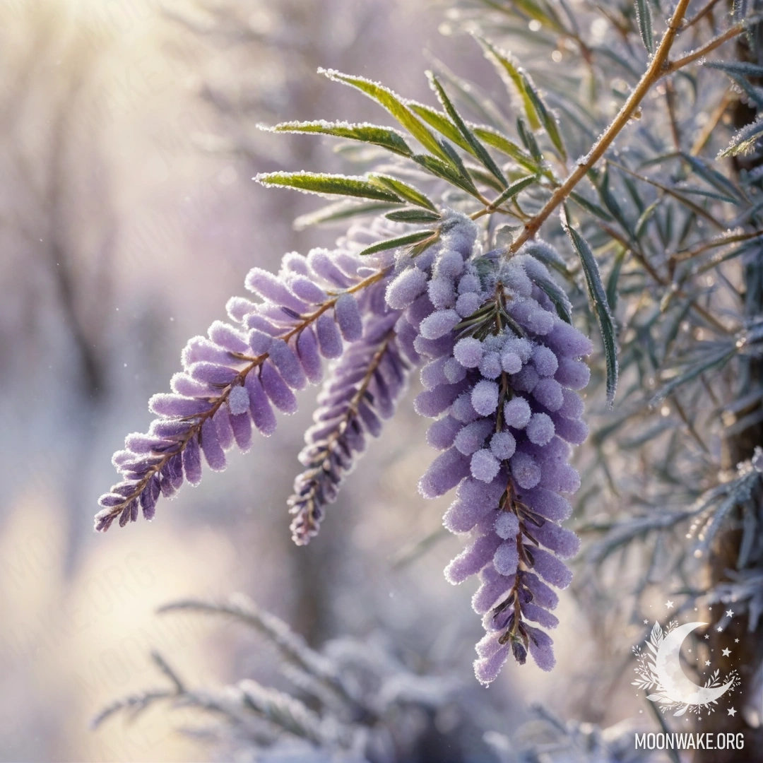 Romantic Mimosa Bouquet in Frost A delicate bouquet of lavender mimosa flowers adorned with frost under sunny rays.