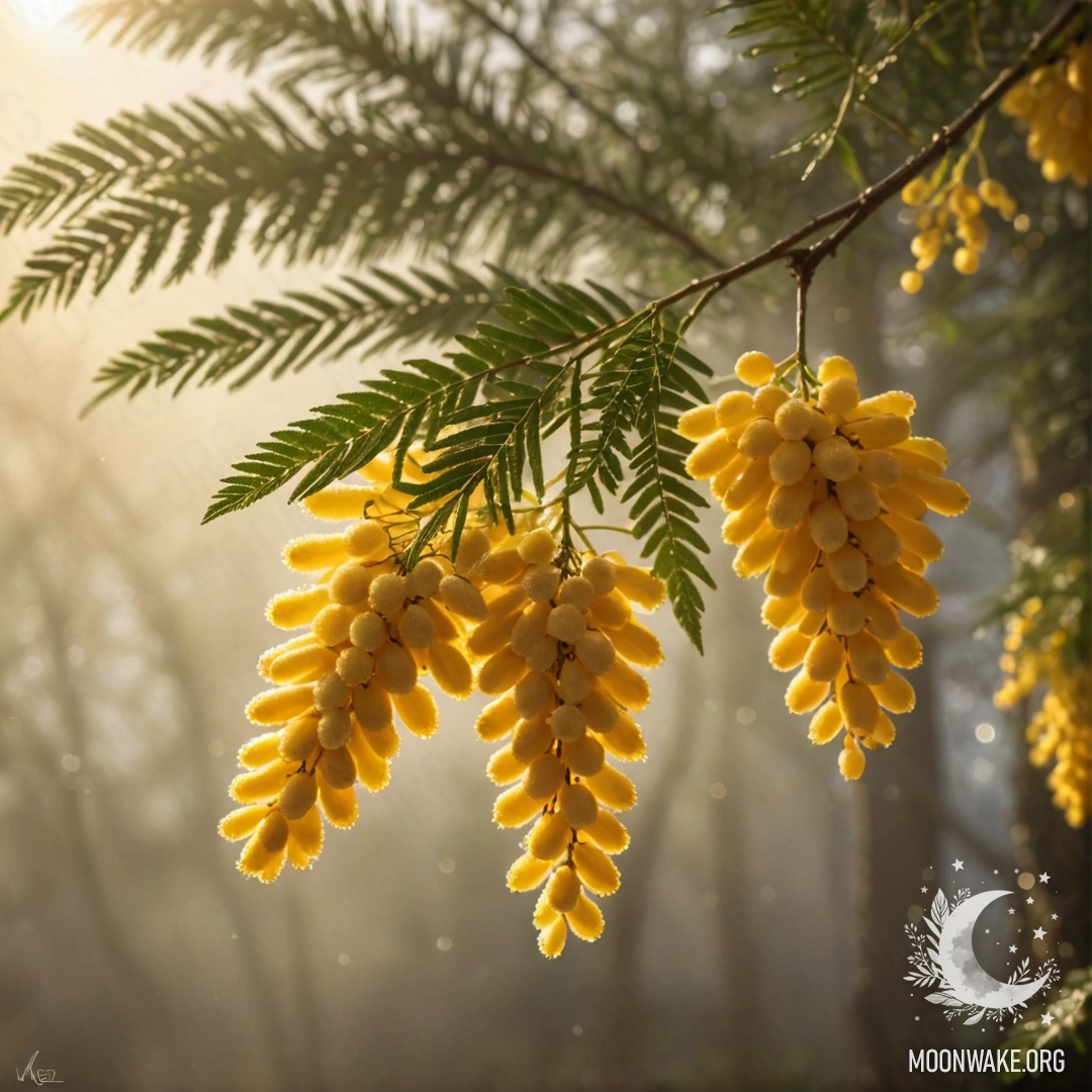 A serene scene of a mimosa flower enveloped in fog with golden sunlight filtering through.