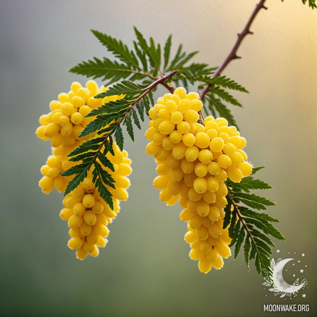 Romantic Mimosa in Fog A vibrant yellow mimosa flower surrounded by a misty fog.