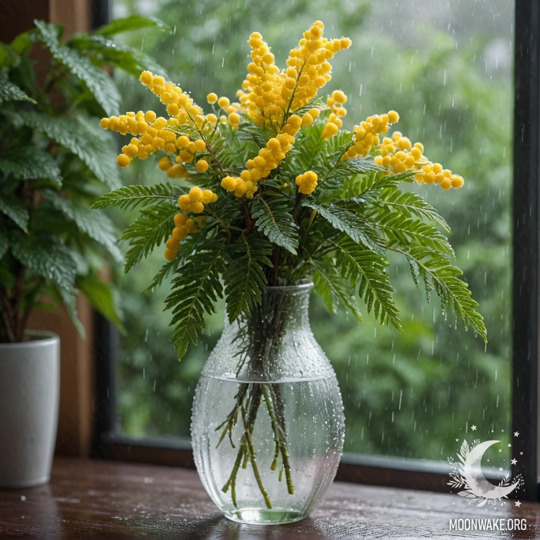 Romantic Mimosa in Misty Rain A beautiful mimosa in a mint-colored vase, surrounded by mist and rain.