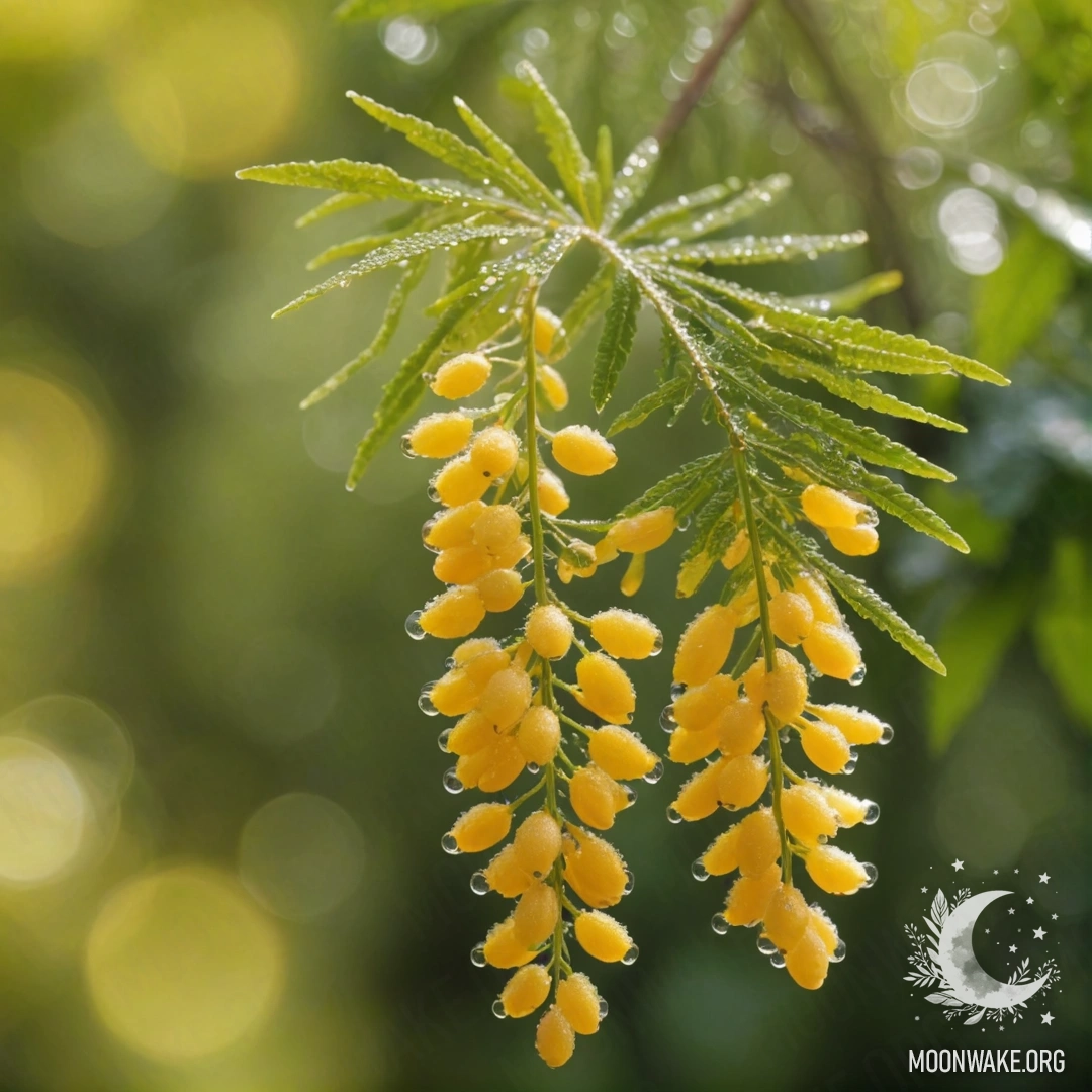 A romantic mimosa flower adorned with dew drops, illuminated by sunny rays.