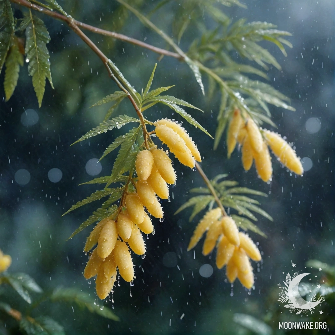 A soft watercolor painting of romantic mimosas in cream yellow, enveloped in mist and rain, with glitter against a nighttime backdrop.