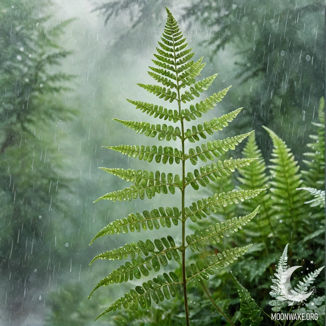 Romantic Mint Fern in Misty Rain A delicate mint-colored fern covered in rhinestones, drenched in misty rain, creating a romantic atmosphere.