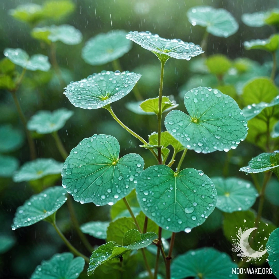 A misty background featuring mint-colored lunaria in the rain.