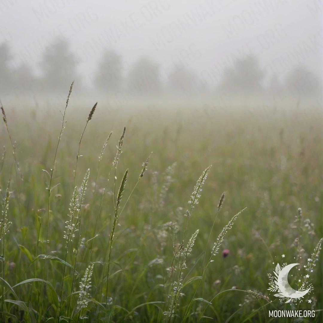 Close-up of grass in a romantic, misty field with flowers in background.