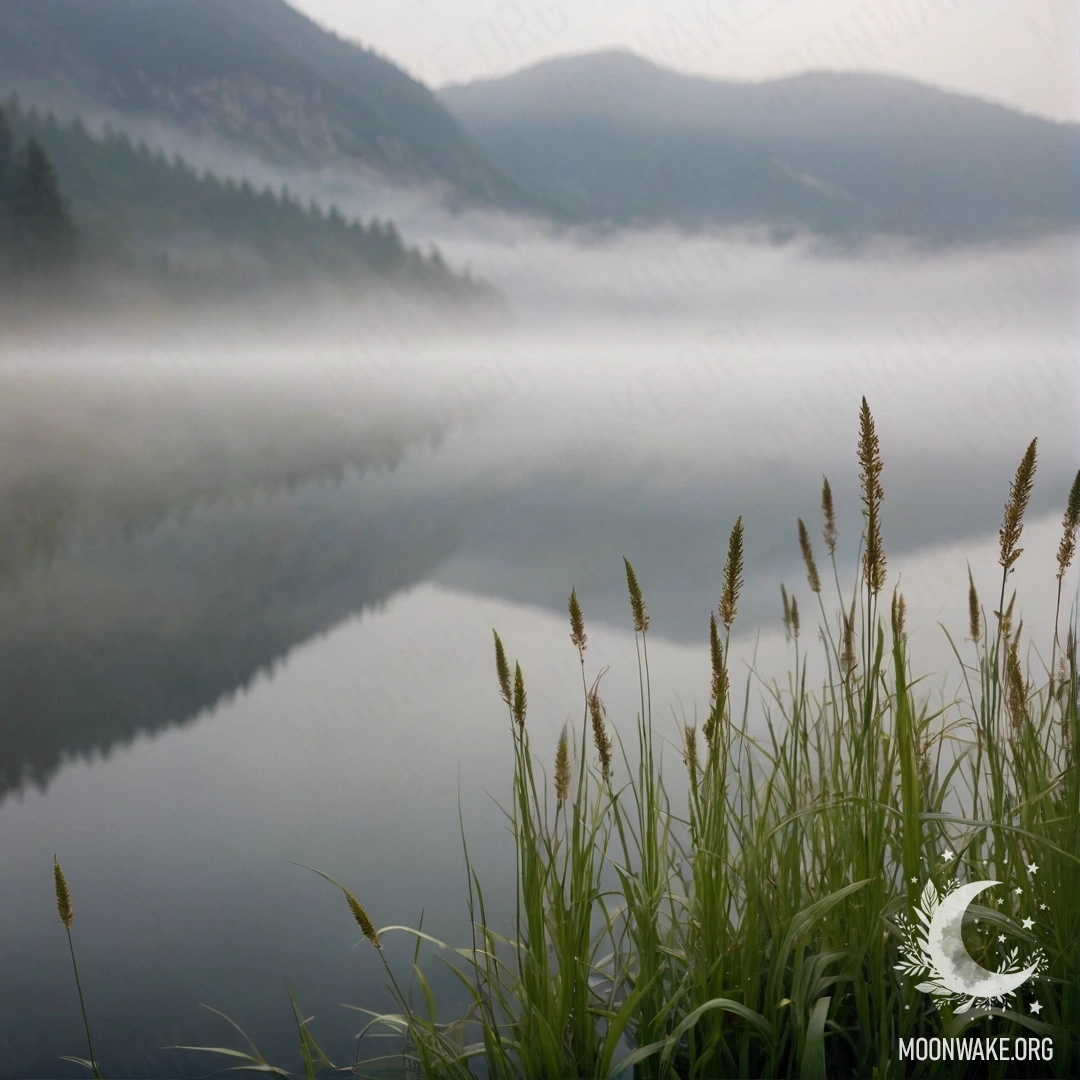 Romantic Misty Mountain Lake Close-up of grass in a romantic field against a foggy mountain lake.