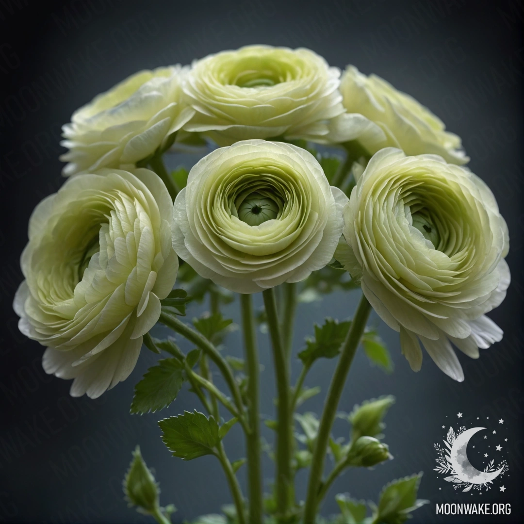 A delicate bouquet of lime-colored ranunculus flowers shrouded in mist at night.