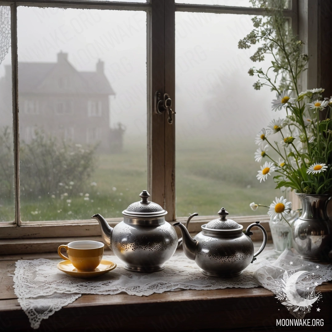 A metal teapot with patterns sits on a shabby wooden window sill with daisies in it, surrounded by heavy fog.