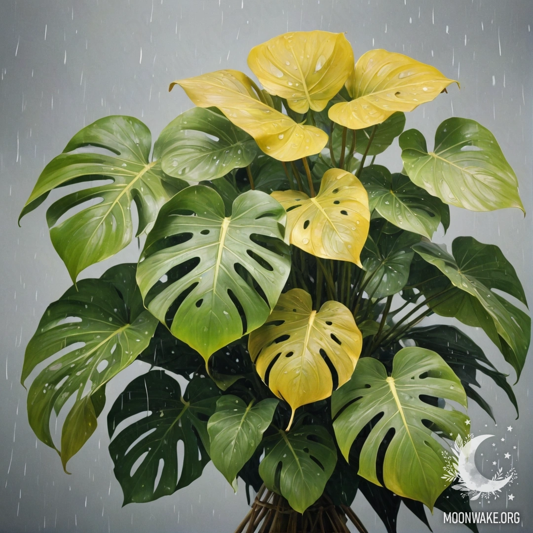 Romantic Monstera Leaves in the Rain A bouquet of yellow flowers intertwined with monstera leaves under rain.