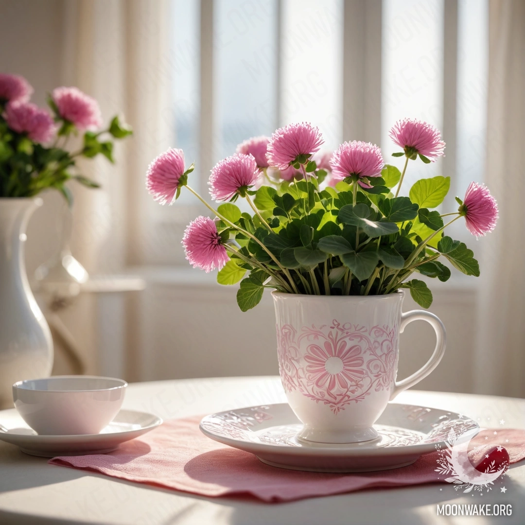 A round straw napkin holding white porcelain cups with pink patterns, along with a white vase containing clover, illuminated by sun rays.