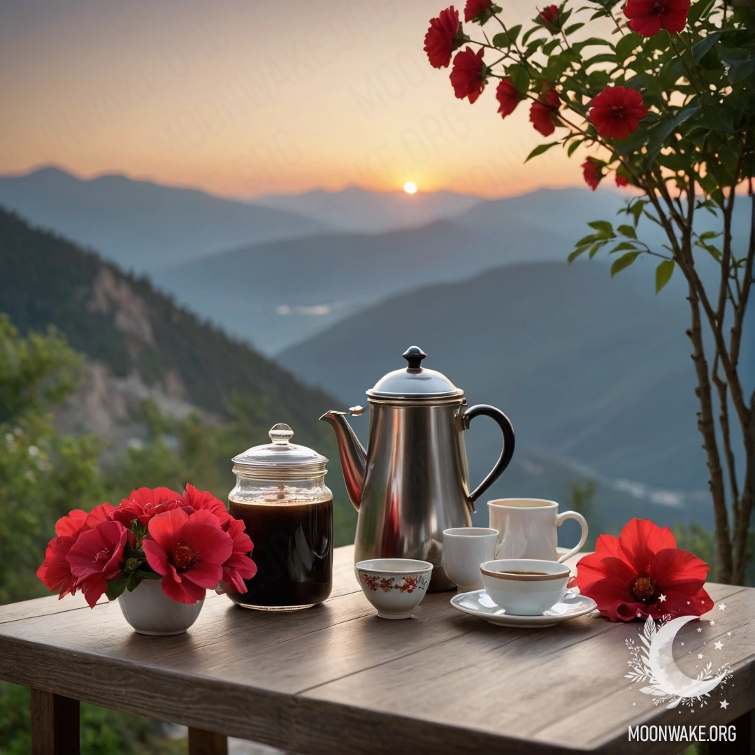 A romantic wooden table with a jar of red flowers, coffee pot, and cups against a mountain backdrop during sunset.
