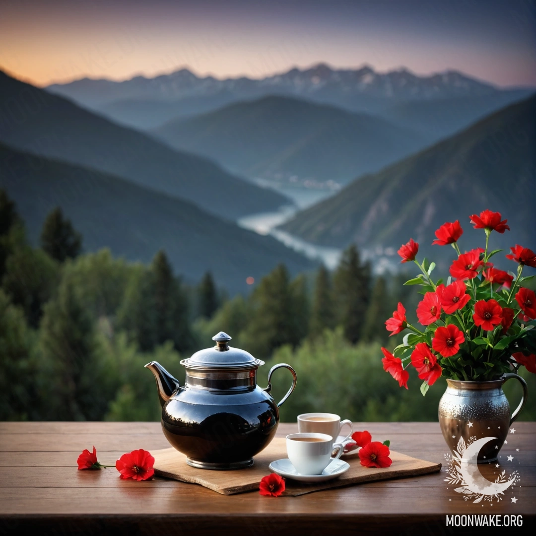 A beautiful wooden table with a jar of red flowers, coffee pot, and cups set against a mountain background at night.