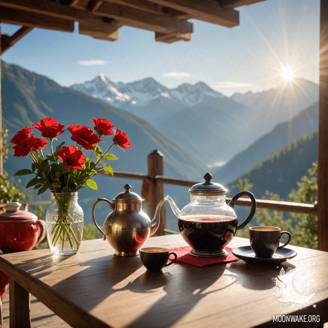 A wooden table in the mountains featuring a jar with red flowers, a coffee pot, and cups illuminated by sunlight.