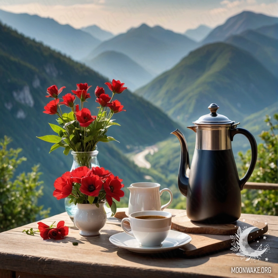 Romantic Mountain Table Setting A wooden table with a jar of red flowers, a coffee pot, and cups in front of mountains.