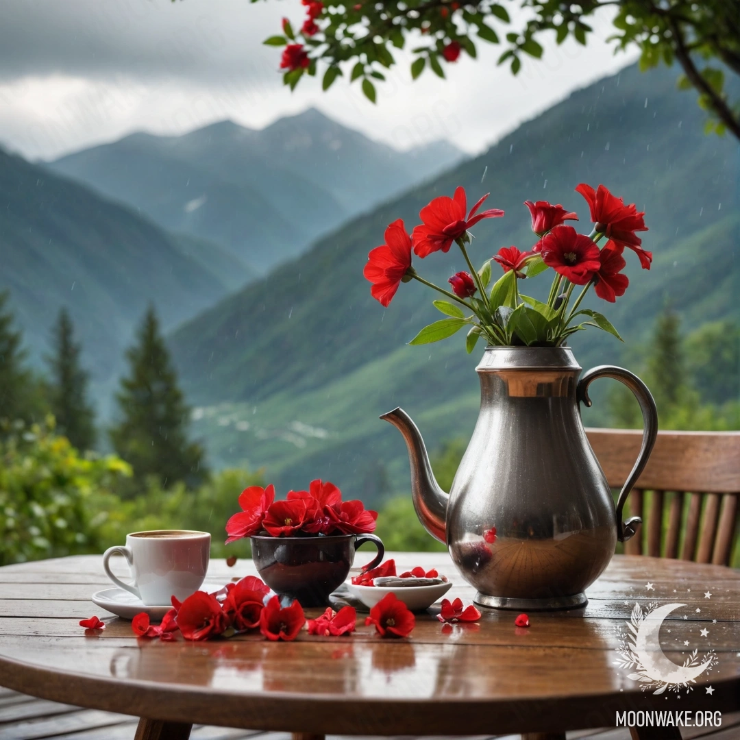 A wooden table set in the rain with red flowers, a coffee pot and cups, against a backdrop of mountains.