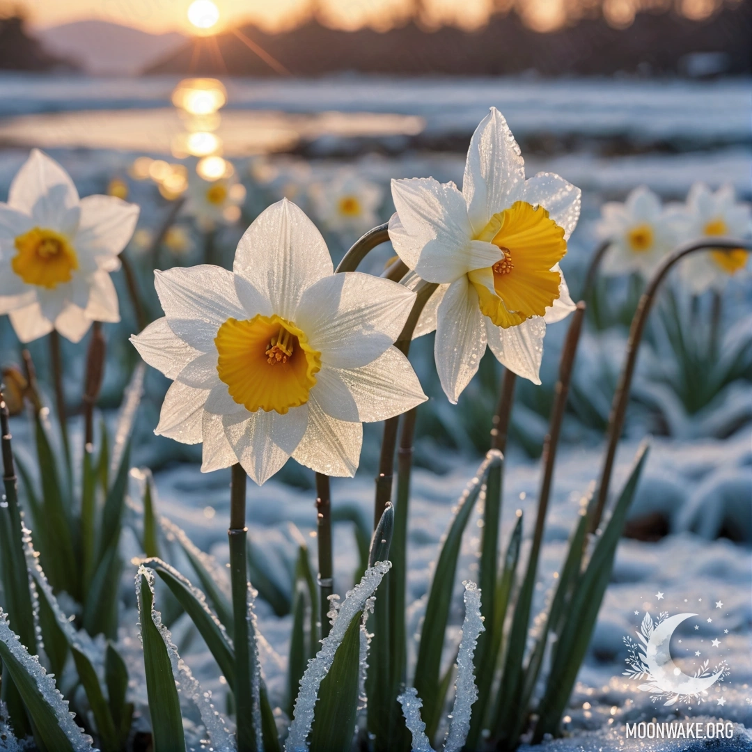 A frosted narcissus flower illuminated by sunset light, adorned with glitter, resembling the colors of sea waves.