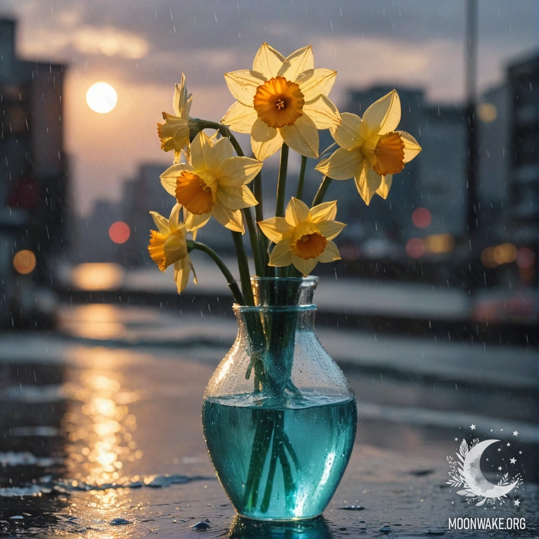 A vase containing a narcissus flower, drenched in rain, set against a sunset backdrop with sea wave colors.