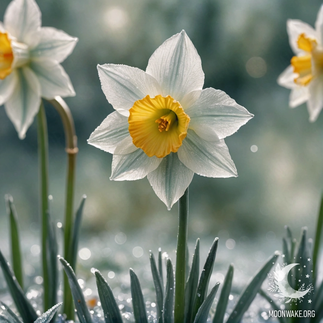 Romantic Narcissus in Frost A watercolor painting of a romantic narcissus flower surrounded by frost and sequins in sage color.