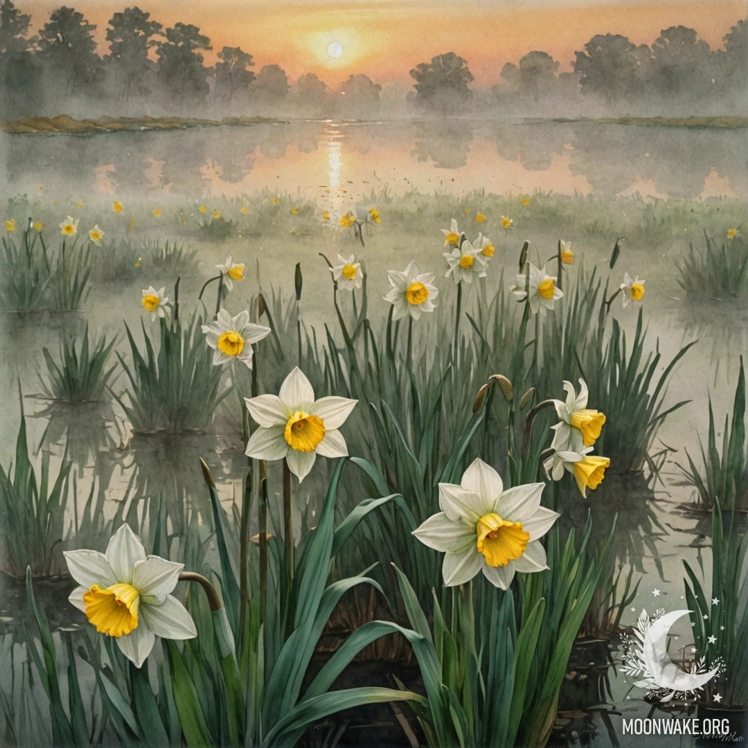 A delicate narcissus flower embraced by mist at sunset, showcasing soft green hues.