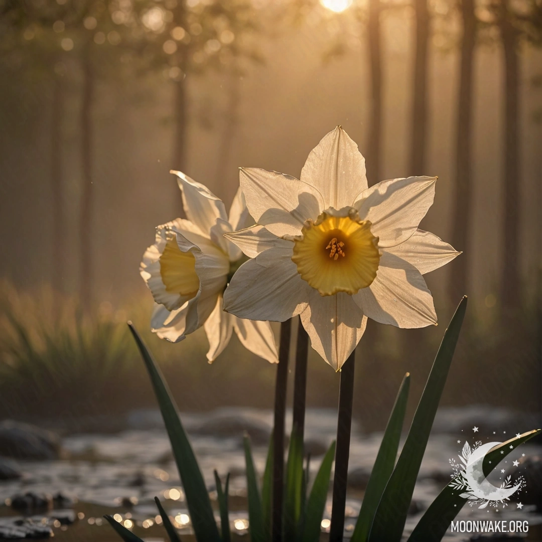 A romantic narcissus flower shrouded in mist during sunset, adorned with sequins of coffee color, accompanied by elegant Japanese calligraphy.