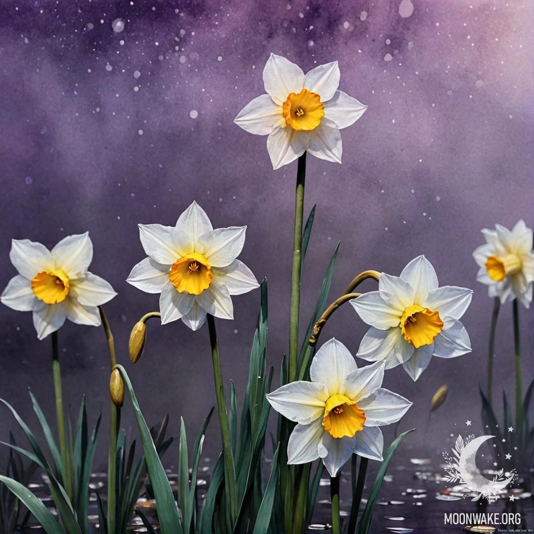 A romantic narcissus surrounded by fog in a purple night scene.
