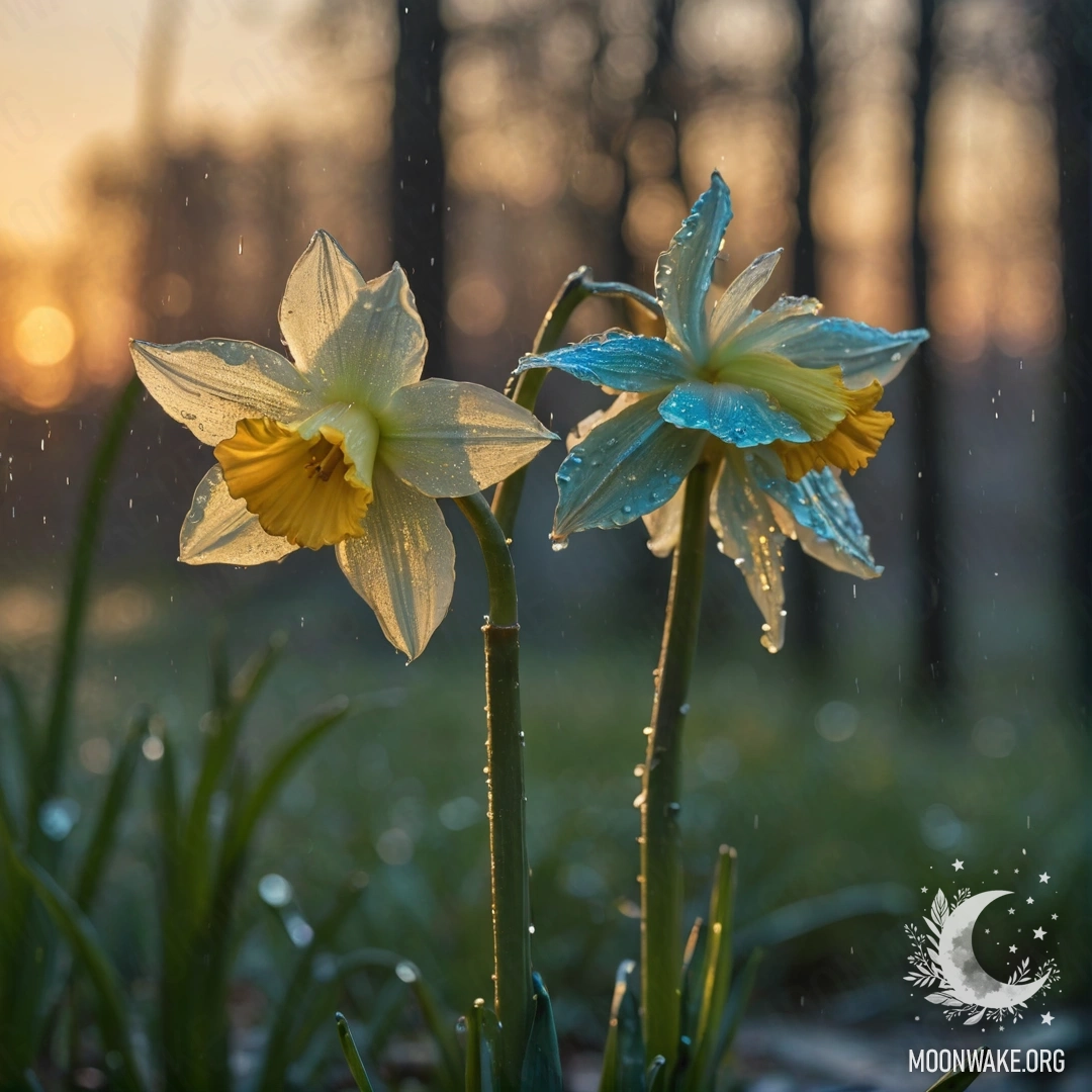 Romantic Narcissus Under the Rain at Sunset A romantic scene featuring a narcissus flower shimmering with glitter under the rain at sunset, in greenish-blue hues.