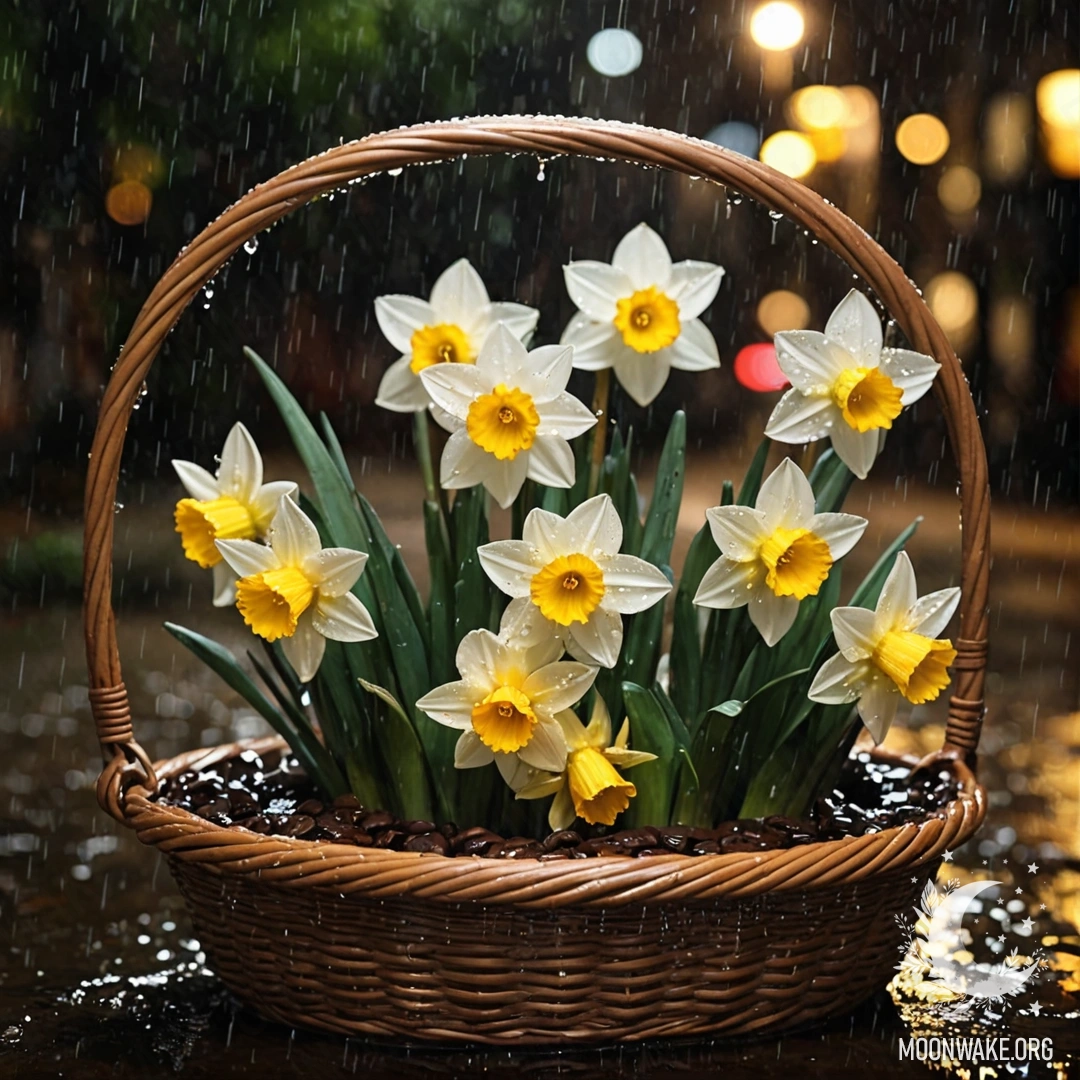Romantic Narcissus in the Rain A beautiful narcissus flower in a coffee-colored basket, illuminated by the soft glow of the night rain.