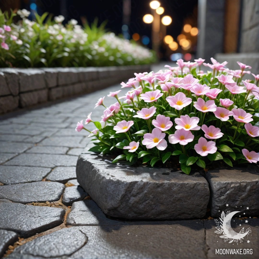 A shabby stone curb with small white and pink flowers growing behind it at night.