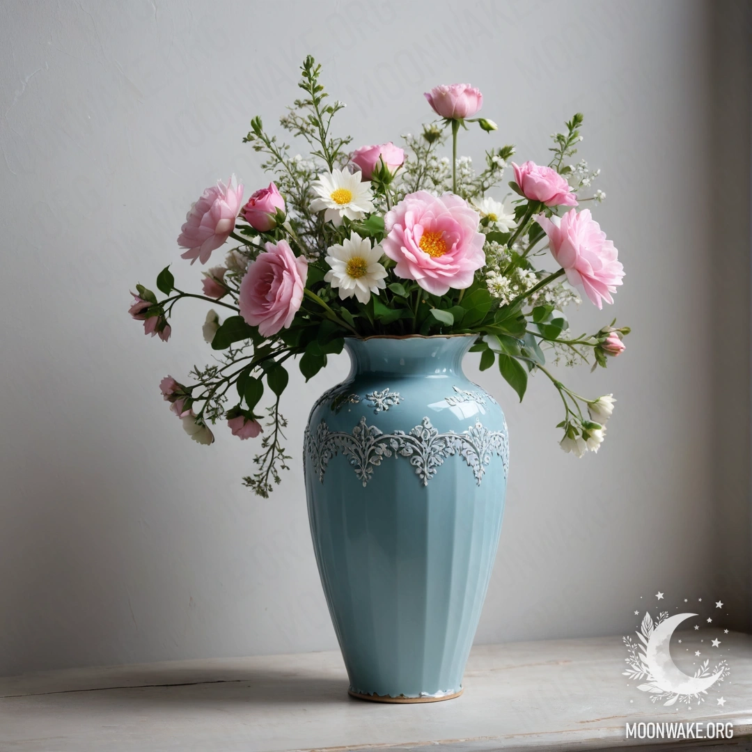 A shabby stone curb adorned with delicate white and pink flowers at night.
