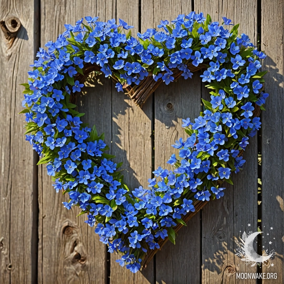 Romantic Night with Blue Flowers A round wooden table with a porcelain teapot filled with blue flowers at night.