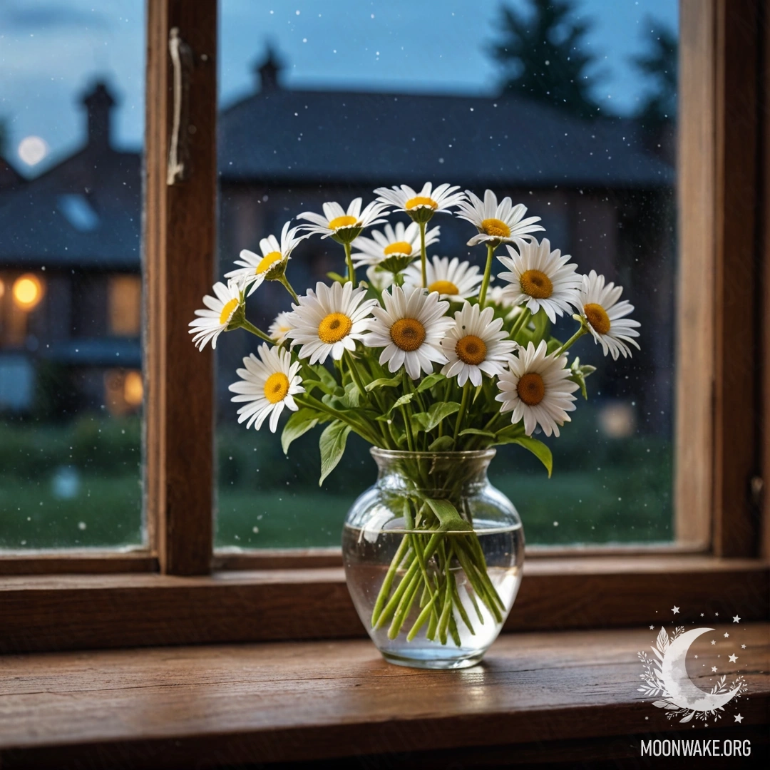 A glass vase with daisies on a vintage wooden windowsill at night