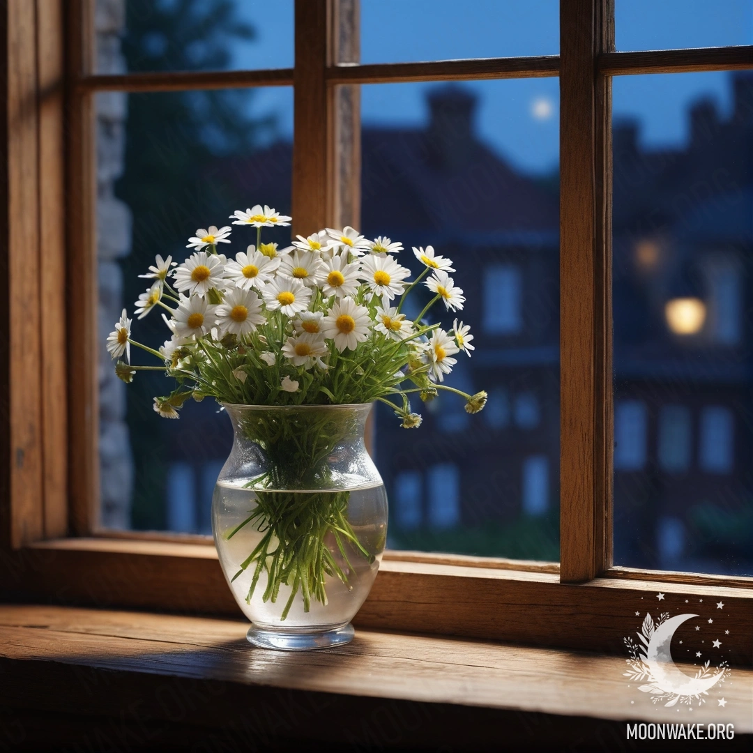 A glass vase with daisies on a wooden vintage windowsill at night.