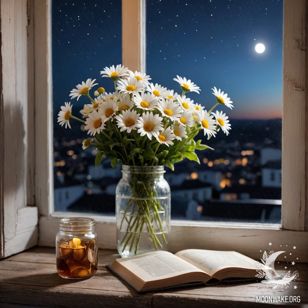 A shabby wooden windowsill holding a jar with daisies and an open book at night.